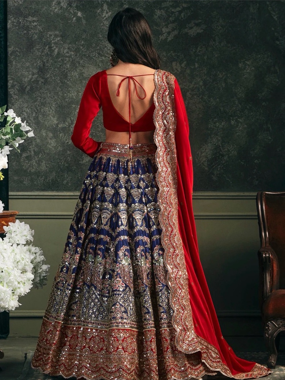 Embroidered Navy & Red Bridal Maxi Skirt with Red Dupatta